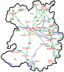 Shropshire County Map to show the Telford and Ironbridge area.